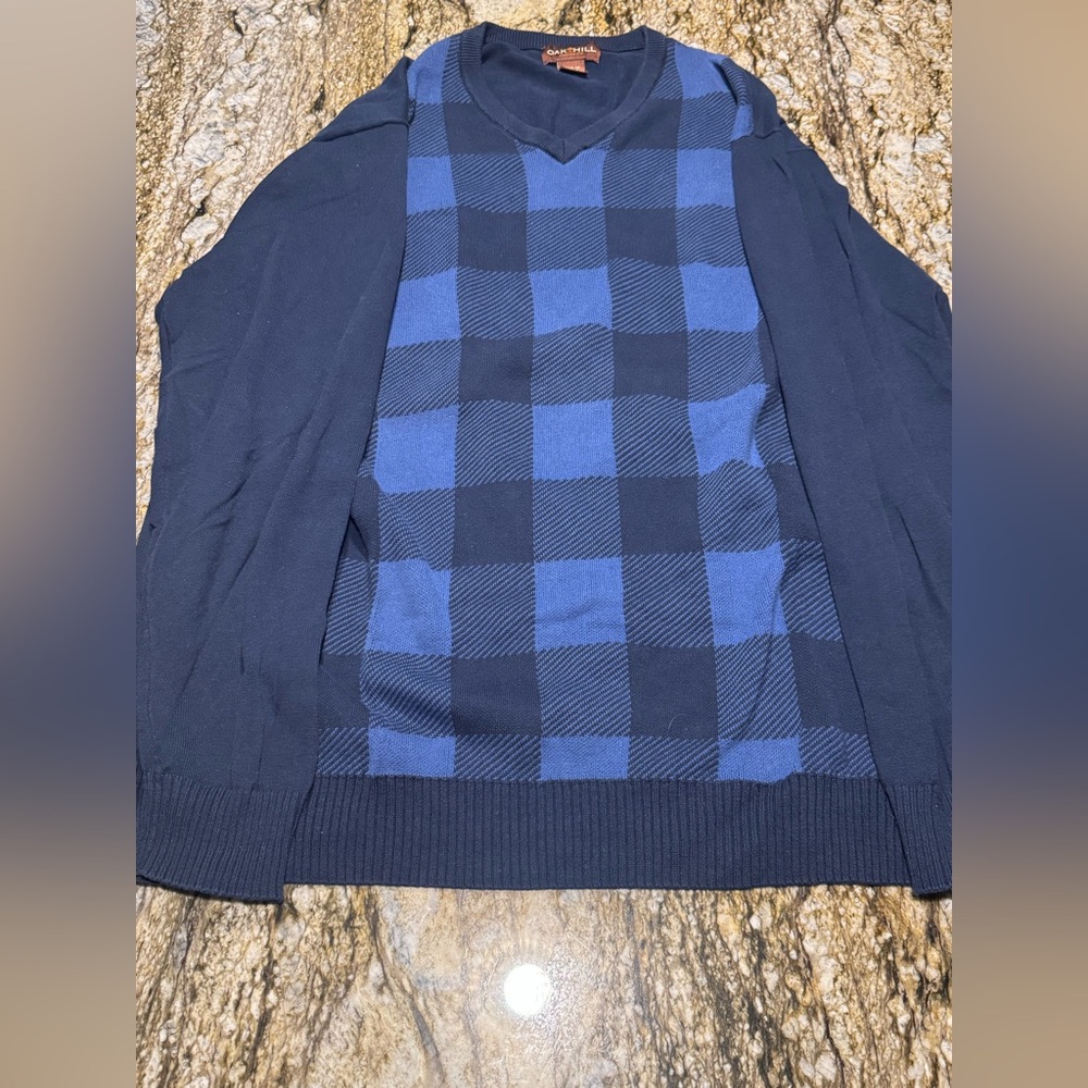 Oak Hill Sweater Mens 2XLT blue plaid V Neck Pullover Preppy Golf Heavyweight